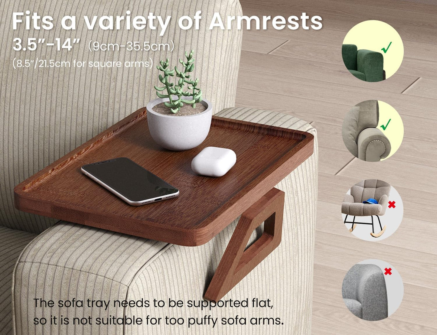 2 Pack Bamboo Couch Arm Tray,Folding Sofa Armrest Table（Natural） | Clip-On Couch Desk,Foldable, high load-bearing, Non-slip, no assembly，easy to wipe clean，Natural bamboo,Gift box