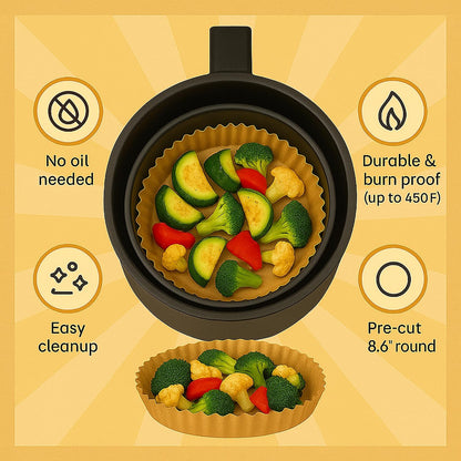 Air Fryer Liners Disposable – 125 pk 8" Unbleached Non-Stick Parchment Paper, Fits 5-8 QT Basket, Air Fryer Liners | Airfryer Liners