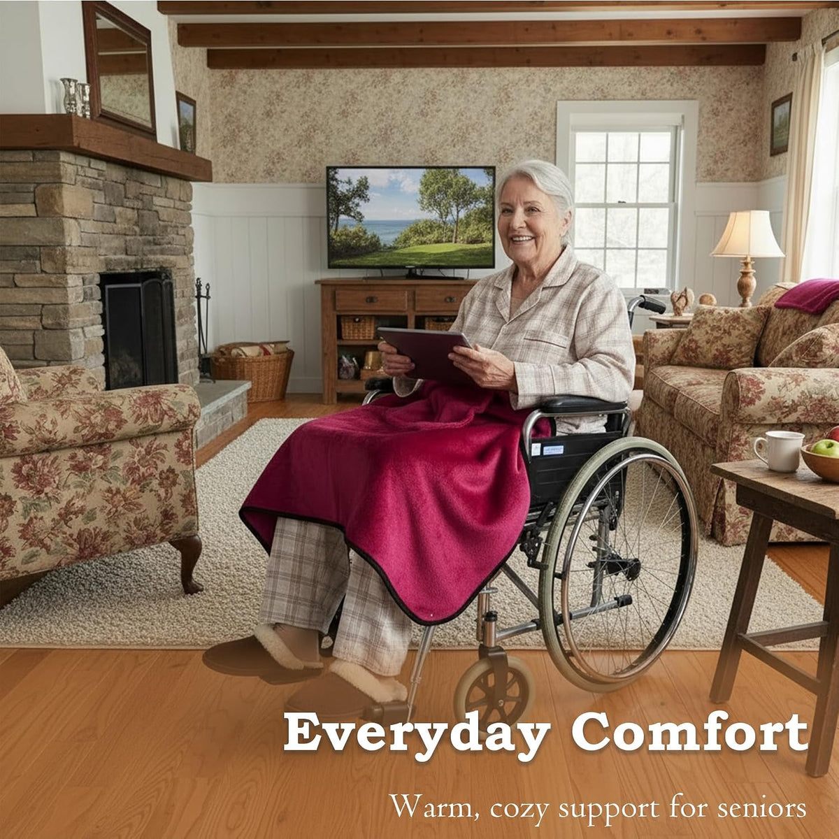 Wheelchair Lap Blanket for Seniors, 43" * 28" Soft Sherpa Lined Knee & Lap Cover, Warm Lightweight Throw with Snap Buttons, Cozy Comfort for Elderly & Caregivers, Wine Red