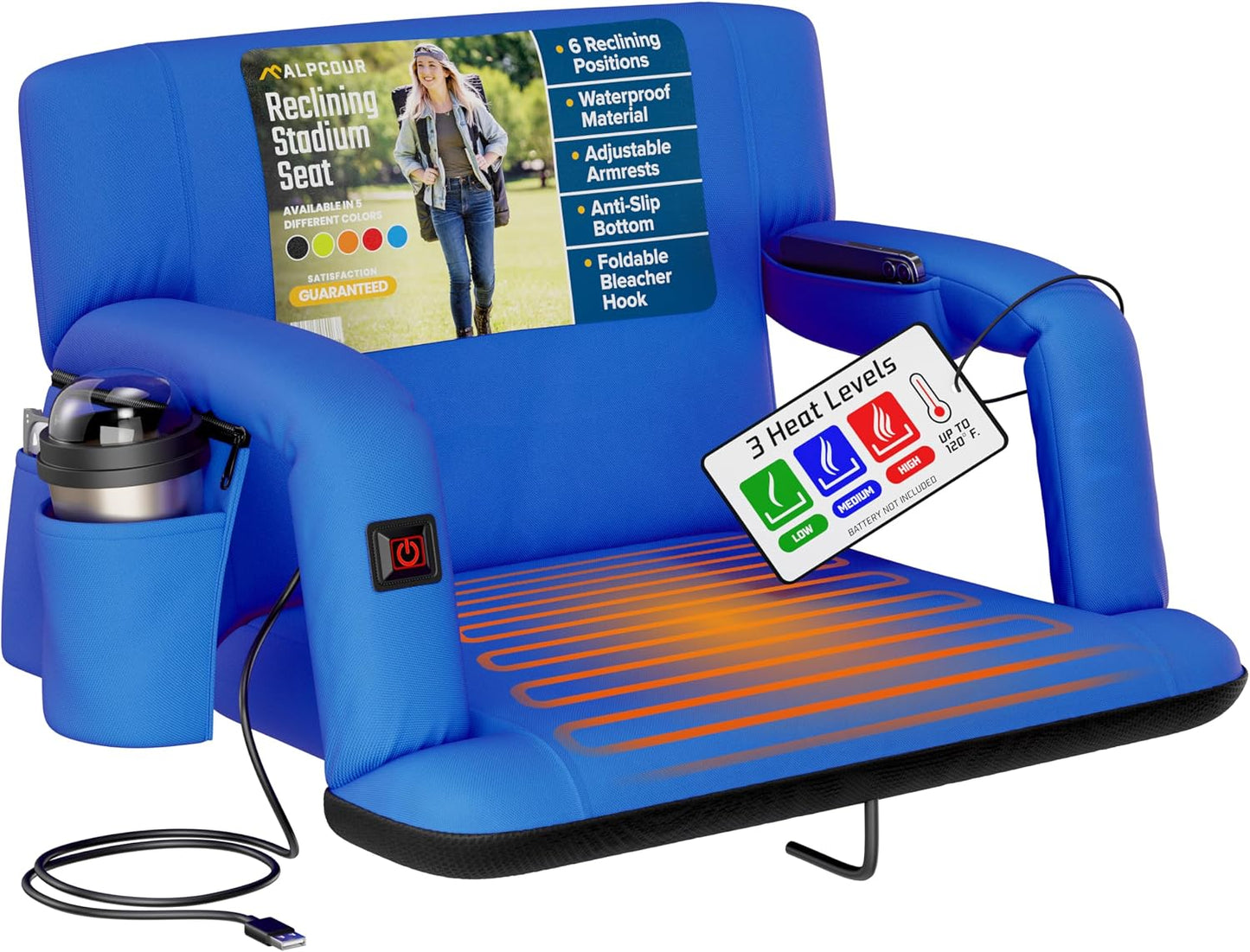 Heated Reclining Stadium Seat for Bleachers – Wide Bleacher Chair with Back Support and Cushion, Armrests, Side Pockets, & Hook – Stadium Seats Chairs for Camping, Kayak, Paddle Board & More