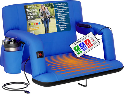 Heated Reclining Stadium Seat for Bleachers – Wide Bleacher Chair with Back Support and Cushion, Armrests, Side Pockets, & Hook – Stadium Seats Chairs for Camping, Kayak, Paddle Board & More