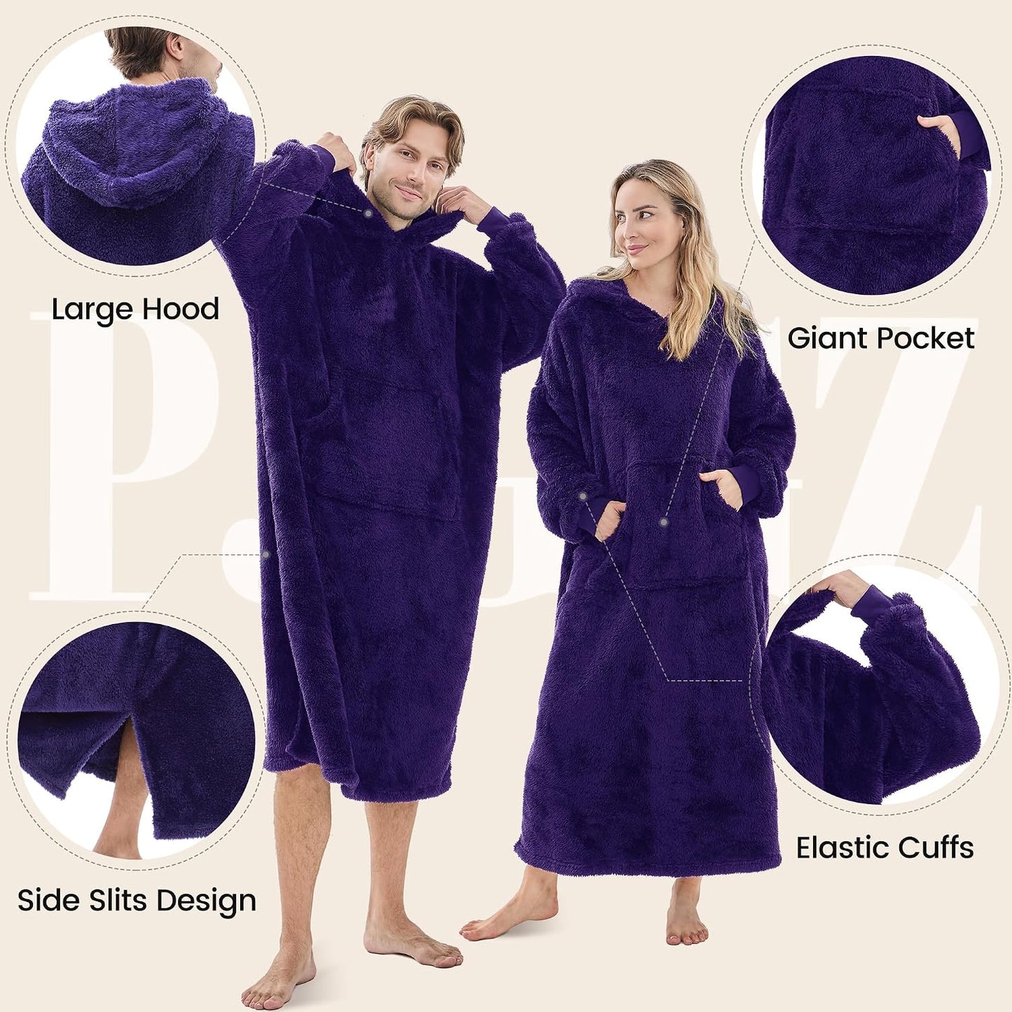 PJGGZ Wearable Blanket Hoodie for Women Men, Fleece Warm Comfy Hooded Sweatshirt with Pockets & Sleeves Cozy Gift for Adult