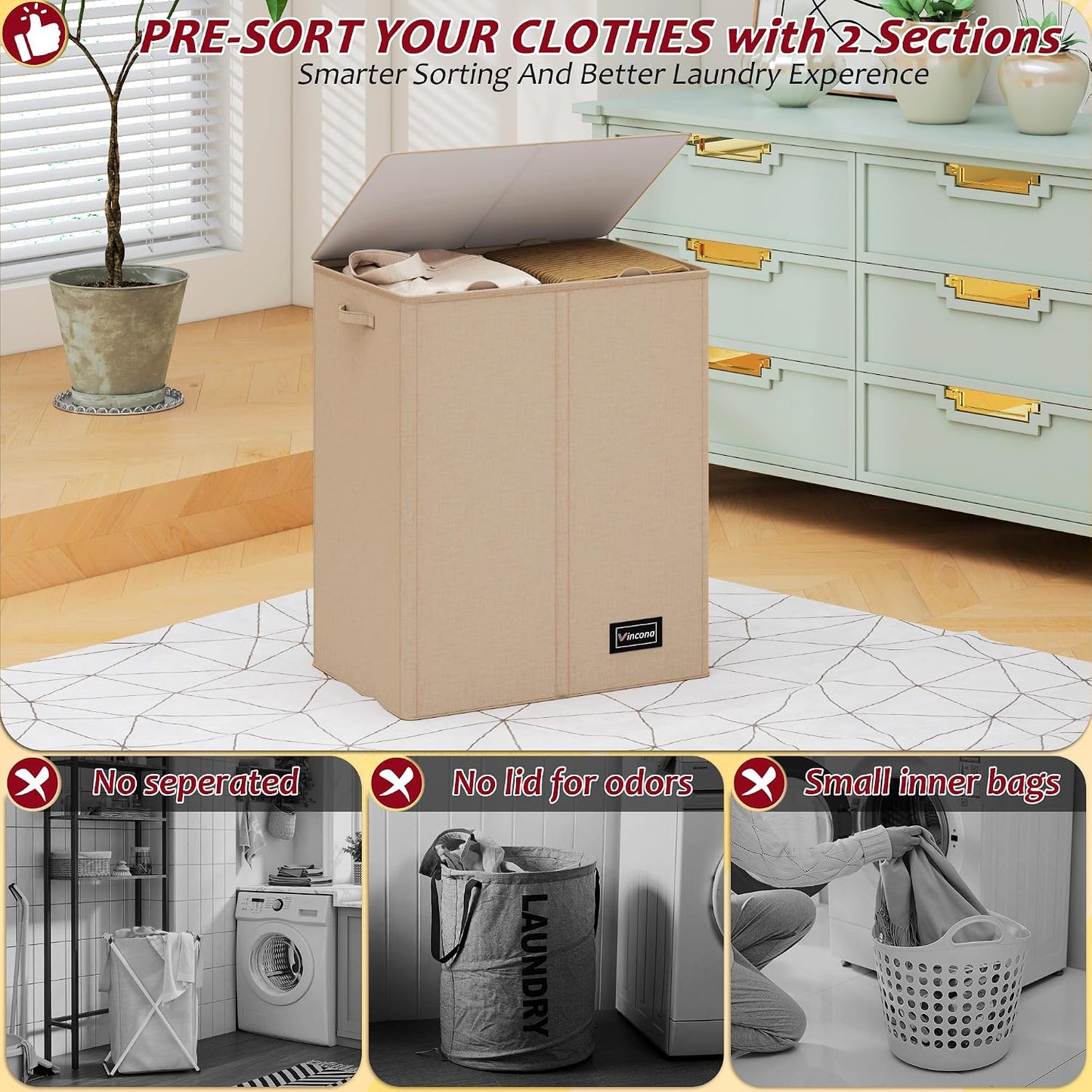 195L Laundry Hamper 3 Section,Large Laundry Hamper with Lid,Dirty Clothes Hamper with 3 Inner Bags,Collapsible Laundry Basket Organizer for Laundry Room,Bedroom,Laundry Sorter Hamper 3 Compartment