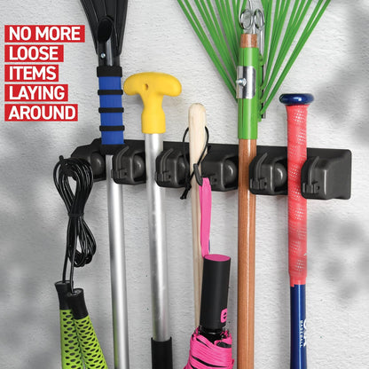 HOME IT Broom and Mop Holder Wall Mount – Heavy Duty Garage Organizer with 5 Slots & 6 Hooks, 7.5lbs Capacity Per Slot - Easy Install Storage Rack for Home, Kitchen, Laundry Room & Garden - Off-White