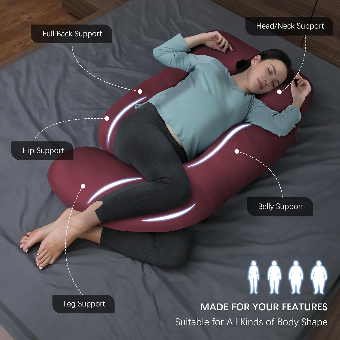 MOON PARK Pregnancy Pillows for Sleeping - 57 Inch U Shaped Full Body Maternity Pillow with Removable Cover - Support for Back, Legs, Belly, Hips - Pregnancy Pillow for Women - Grey