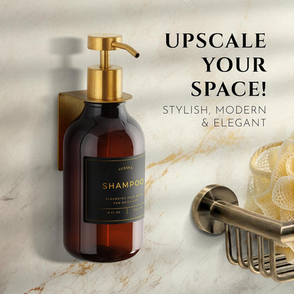 Shower Shampoo Dispenser Wall Mounted – 3 Refillable 16.9 oz Clear Bottles with Stainless Steel Pumps & No-Drill Adhesive Holders – Soap Dispenser Set for Bathroom (3 X Clear/Silver)