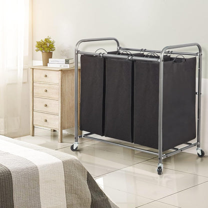 STO STO Laundry Sorter 3 Section, 3 Bag Clothes Hamper, Rolling Laundry Cart Basket with Heavy Duty Lockable Wheels and Removable Bag for Laundry Room, Bedroom, Closet, Black