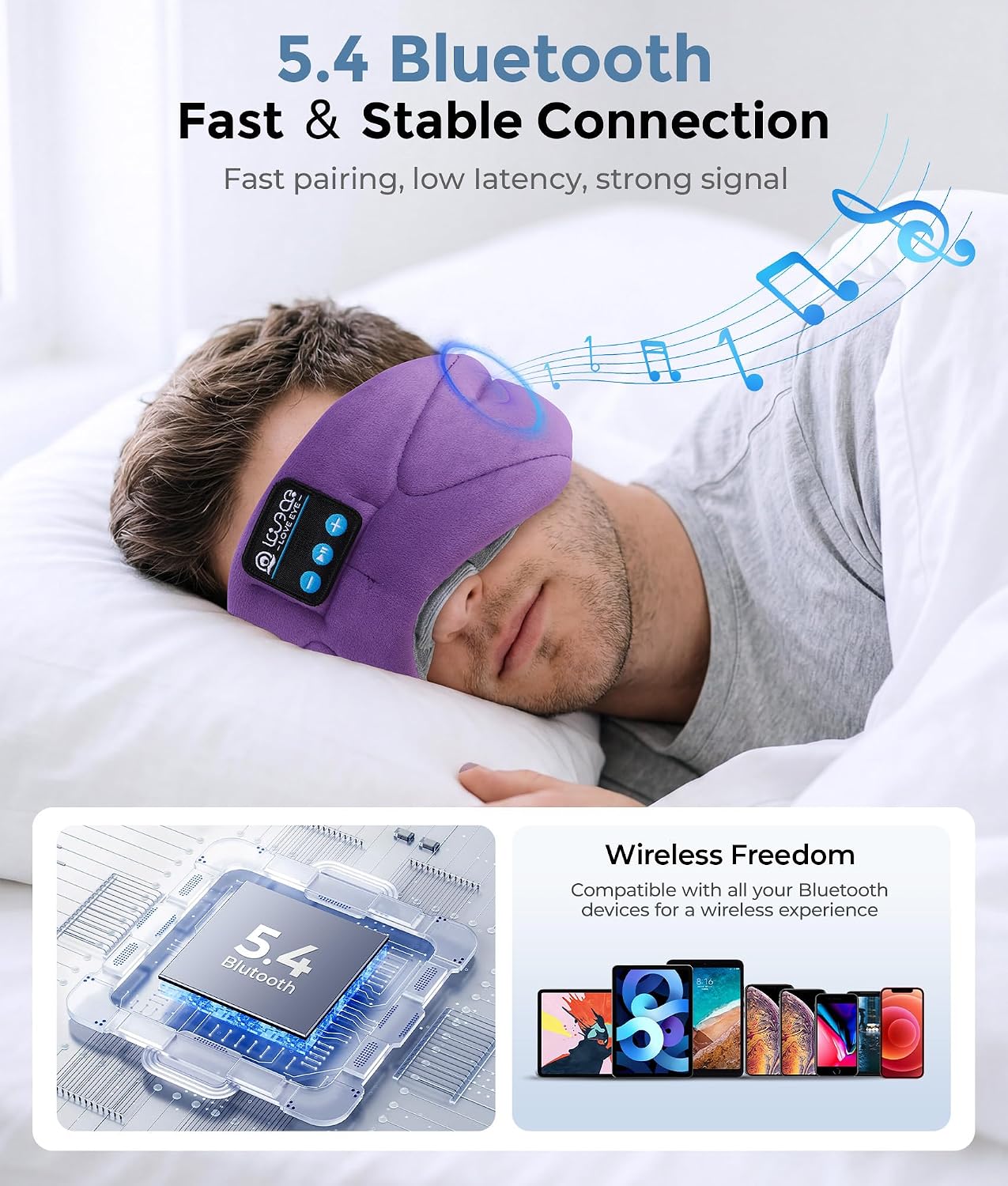 LOVE EYE Sleep Headphones Bluetooth 5.4 Sleeping Eye Mask Wireless Music Earphones with Built-in HD Speakers for Side Sleepers Cotton Sleeping Headphones for Women Men Gifts (Lavender Purple)