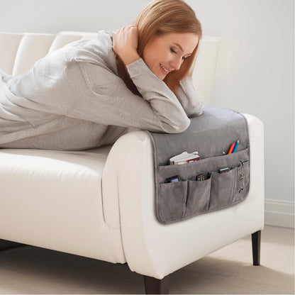 Armchair Caddy for Couch Remote Control Holder with 4 Pockets, Grey 1 Pack | Non-slip, Waterproof, Sofa Armset Organizer, Couch Chair Armrest Storage for TV Remote Control Phone Book Magazine 35"x13"