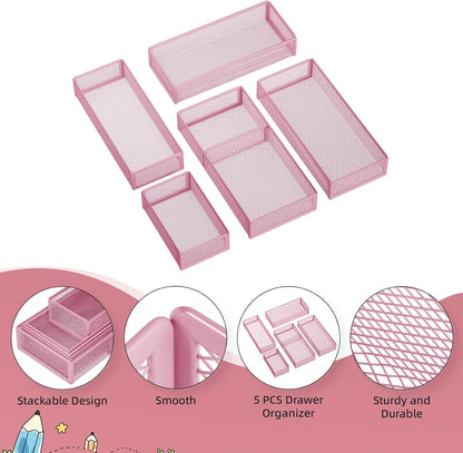 Marbrasse 5 Pack Desk Drawer Organizer Set, Mesh Drawer Storage Trays with 1 Adjustable Divider, Desk Organizers and Accessories, 5 PCS Drawer for Office Supplies, Makeup & Vanity (Black)