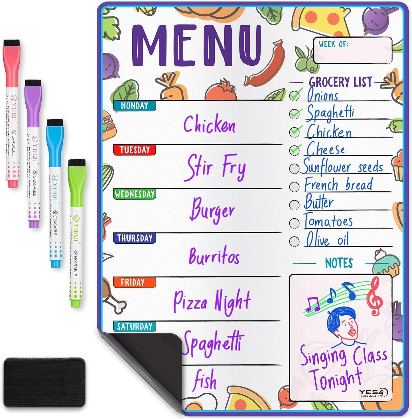 Magnetic Dry Erase Menu Board for Fridge (16x12) - Weekly Meal Planner Blackboard w/ 4 Magnetic Chalk Markers & Wiping Cloth - Chalkboard Organizer for Dinner Menus & Grocery Lists by Yes4Quality