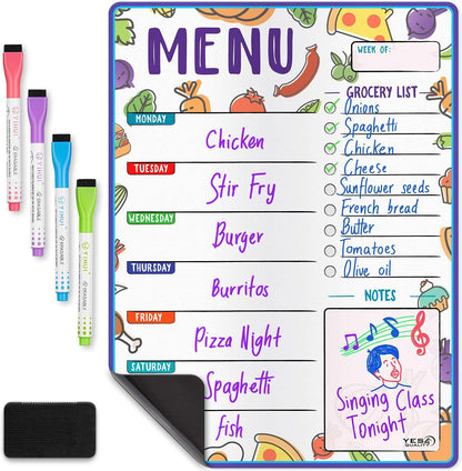 Magnetic Dry Erase Menu Board for Fridge (16x12) - Weekly Meal Planner Blackboard w/ 4 Magnetic Chalk Markers & Wiping Cloth - Chalkboard Organizer for Dinner Menus & Grocery Lists by Yes4Quality