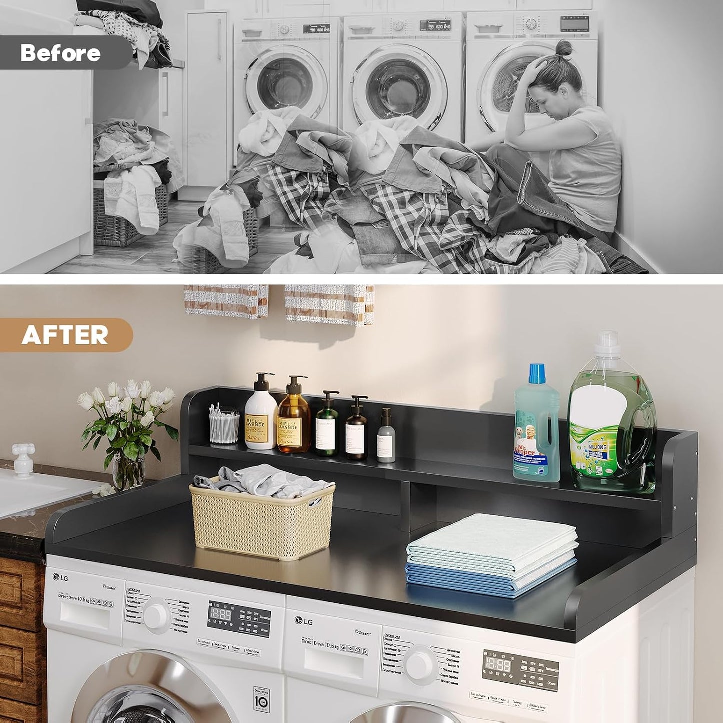 2-Tier Washer Dryer Countertop with 2.75" H Edge Rails, 54" W x 27.55" D Laundry Countertop for Folding Clothes, Washer and Dryer Topper with Non-Slip Pad (Dark Walnut)