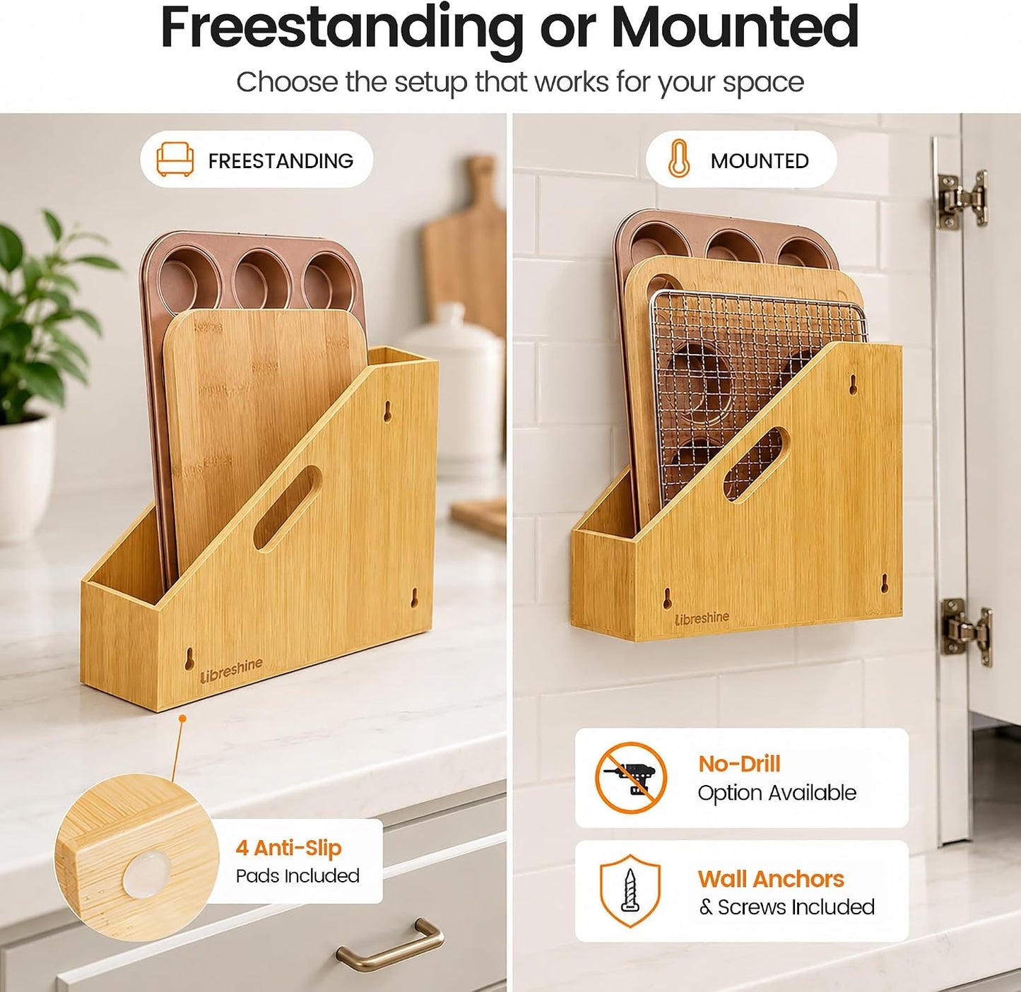 Slim Bamboo Cutting Board Holder & Baking Sheet Organizer | Open-front design keeps small to medium boards and bakeware upright; size: 12.6 x 4.9 x 10.5 in. Measure before purchase