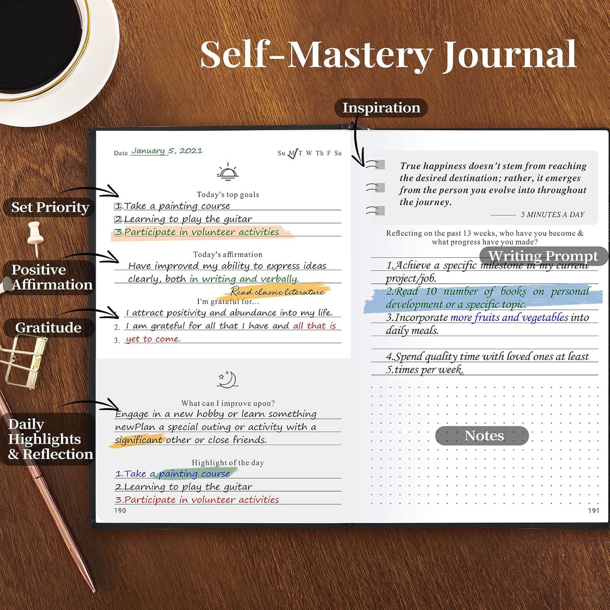 5 MINUTES A DAY Self-Care Journal, Wellness & Daily Reflection Notebook – Mental Health & Anxiety Guided Journal for Women – Self Care Planner, ADHD Planner with Mood Tracker – (Beige)