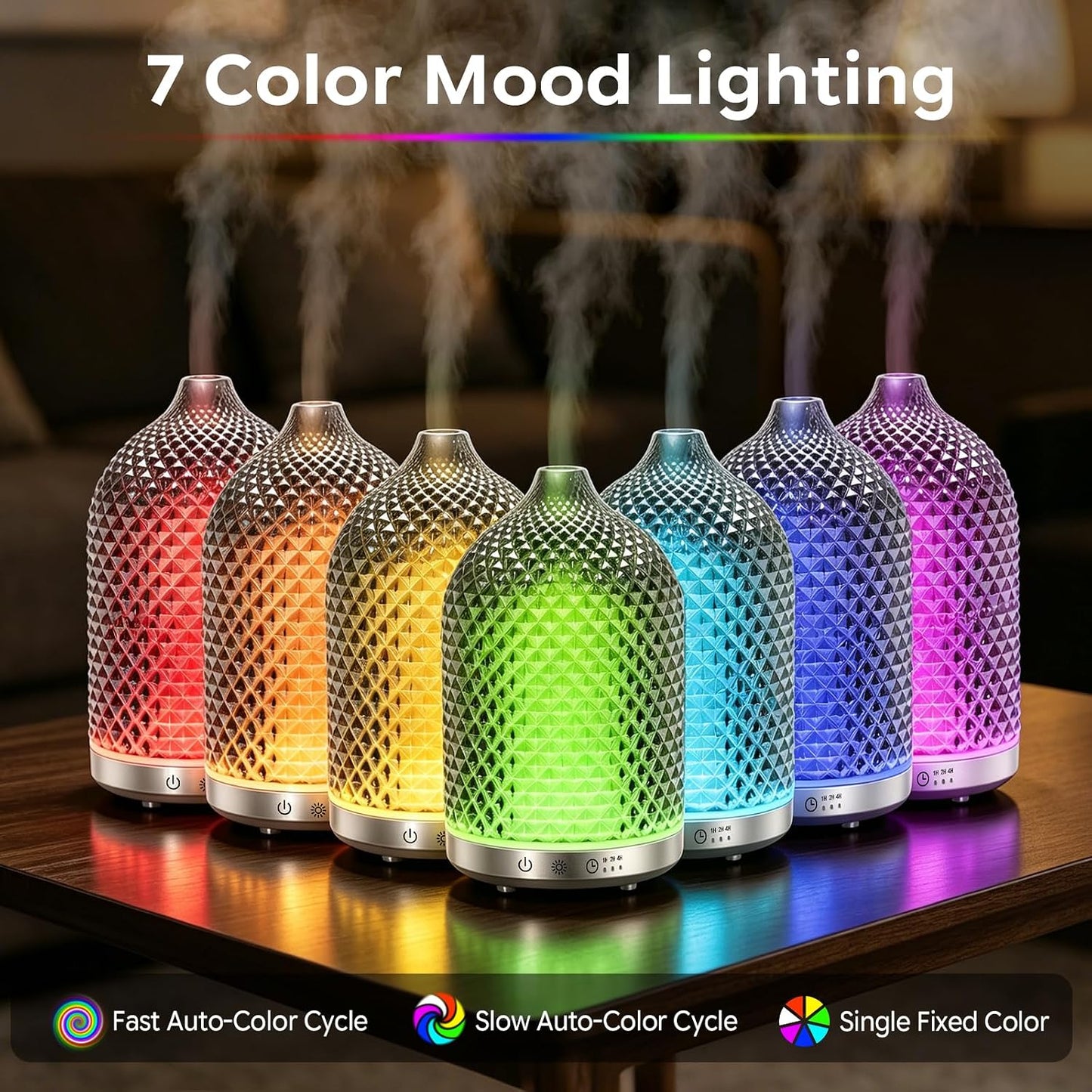Essential Oil Diffuser 150ml, Glass Diffuser with Ultrasonic Small Humidifier, 7 Color Lights, 1/2/4H Timer, Quiet Auto Shut-Off Oil Diffuser for Bedroom, Home, Office (Silvery)
