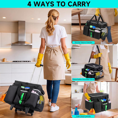 Cleaning Caddy Bag, Extra Large Cleaning Supply Bag for Housekeepers,Black | Sturdy Cleaning Caddy Organizer for Cleaning Supplies with Handle and Adjustable Shouder Strap, Easy to Clean Design