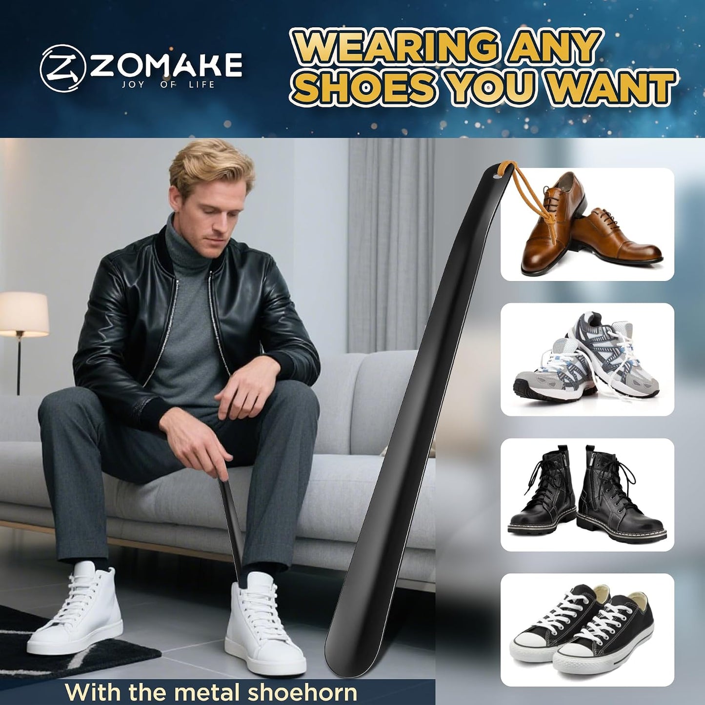ZOMAKE Shoe Horn Long Handle for Seniors Men Women, Metal Shoehorn 16.5" | Stainless Steel Boot Horn Shoe Spoon Helper, Smooth Rounded Curve, Comfort Grip, No Bending Over, Shoe Care for Daily Use