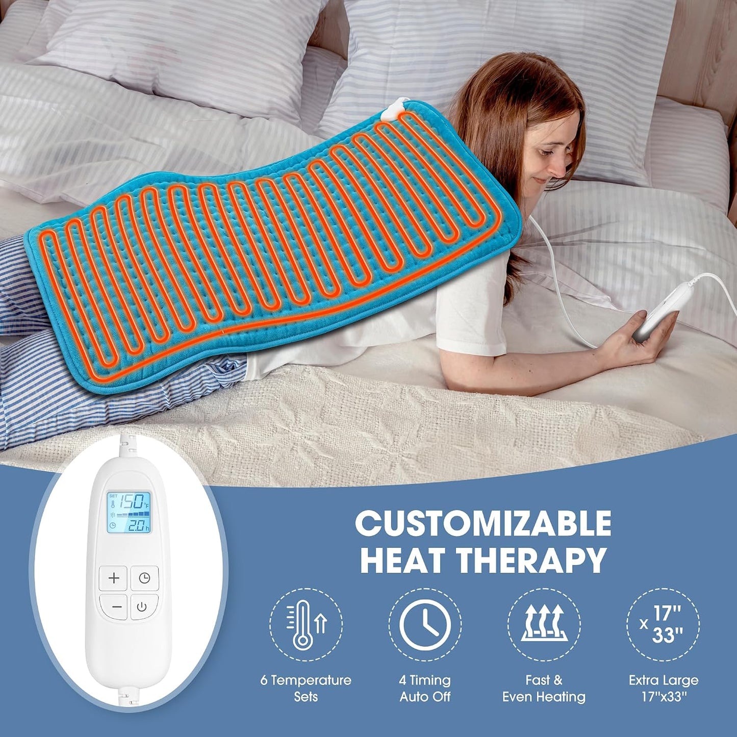 FluffyWarmth Electric Heating Pad for Back, Extra Large 17"x33", Ultra Soft | XXXL for Full Body, Period Cramps, Neck Shoulder Back Pain Relief, 6 Heat Settings 4 Timers Heating Pad, Gifts for Women Men