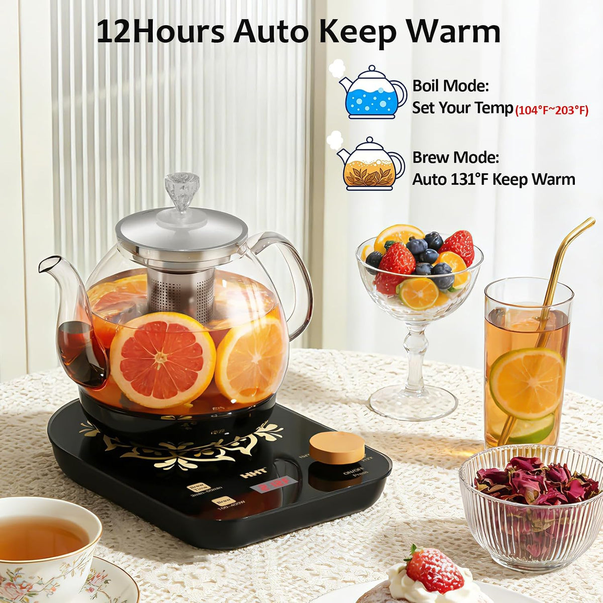 HHT Electric Tea Maker with Infuser, ±1℉ Precise Temperature Control, Glass Electric Kettle for Herbal,Flowers,Fruit Tea and Loose Leaf,BPA-Free,Auto Shut-Off,Brewing Program,Keep Warm,0.8L
