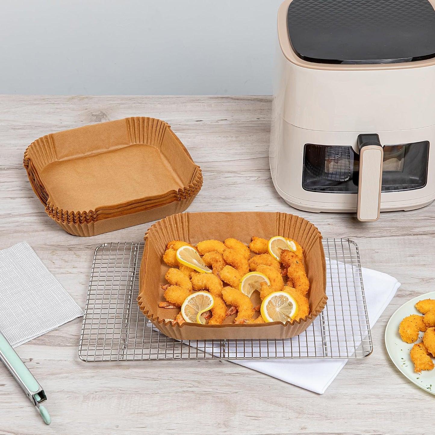 Restaurantware-Pastry Tek 8.1 x 5.5 x 1.8 Inch Air Fryer Liners, 100 Rectangle Air Fryer Baskets - No-Stick Silicone Coating, Unbleached, Food-Grade Paper Liners, For Steamer, Microwave, Oven