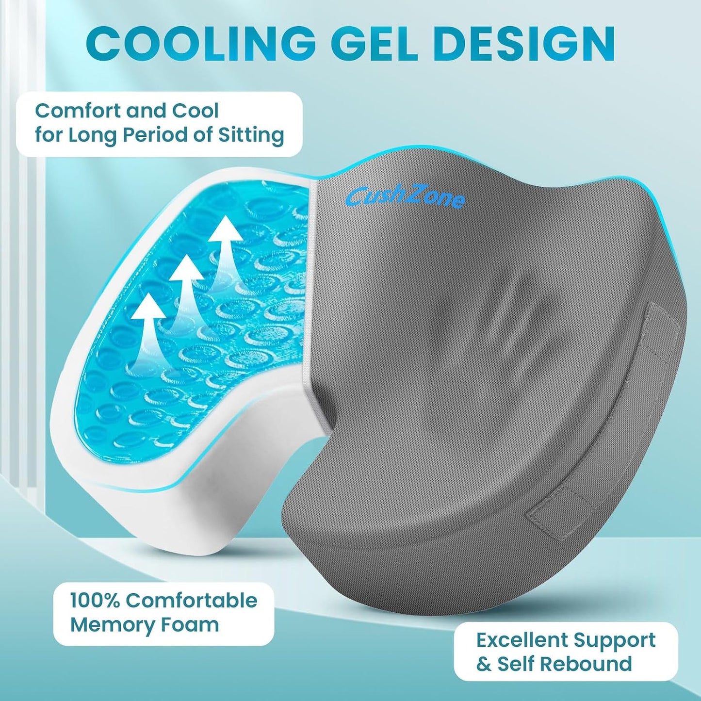Gel Seat Cushion, Enhanced Memory Foam Cushion for Tailbone Pain, Black | Cooling Gel for Office Chair, U-shaped Design Chair Cushion for Gaming, Car, Wheelchair, Non-Slip Base, Washable Cover