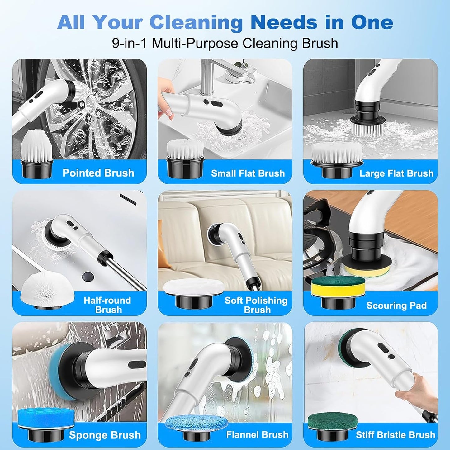 Electric Spin Scrubber, Cordless Shower Scrubber with 9 Scrub Brushes, 2 Speed & Battery Level Display, Adjustable Extension Handle Power Scrubber for Bathroom Tile Tub Floor