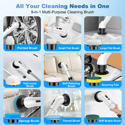 Electric Spin Scrubber, Cordless Shower Scrubber with 9 Scrub Brushes, 2 Speed & Battery Level Display, Adjustable Extension Handle Power Scrubber for Bathroom Tile Tub Floor