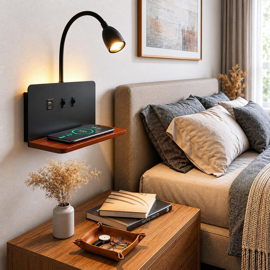 Bedside Wall Sconce with Wireless Charging Station & USB Charging, 3 Adjustable Color Temperatures LED Reading Light, 3000K Warm Ambient lighting Wall Mounted Sconce for Bedroom, Plug-in or Hardwired