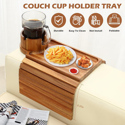 GHKINMAL Couch Cup Holder Tray, 3 in 1 Couch Arm Trays,Large Bamboo Chair Arm Rest Tray with 360° Cup Holder,Removable Anti-Slip Organizer for Snack Eating