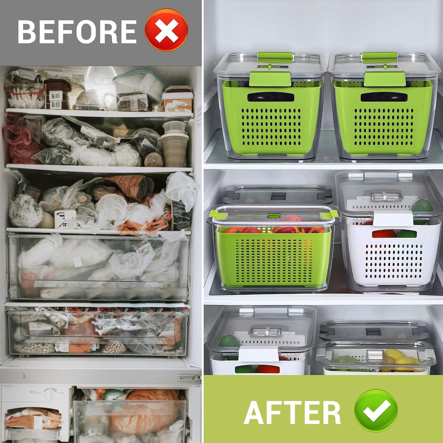 LUXEAR 4 Pack Fruit Vegetable Containers for Fridge, Produce Saver Container with Lids &Removable Colander BPA-free Refrigerator Storage Organizer for Fruit Vegetable, Berry, Meat keep Fresh Longer | BPA Free with Removable Colanders Leak-proof Fridge
