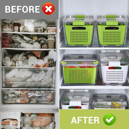 LUXEAR 4 Pack Fruit Vegetable Containers for Fridge, Produce Saver Container with Lids &Removable Colander BPA-free Refrigerator Storage Organizer for Fruit Vegetable, Berry, Meat keep Fresh Longer | BPA Free with Removable Colanders Leak-proof Fridge
