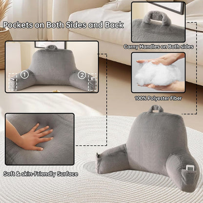 Reading Pillow with Arms for Sitting in Bed,Backrest,White Flannel,M | 17" Backrest Supports Back for College Students,Elbows & Forearms for Dorm Reading,Gaming,Watching TV