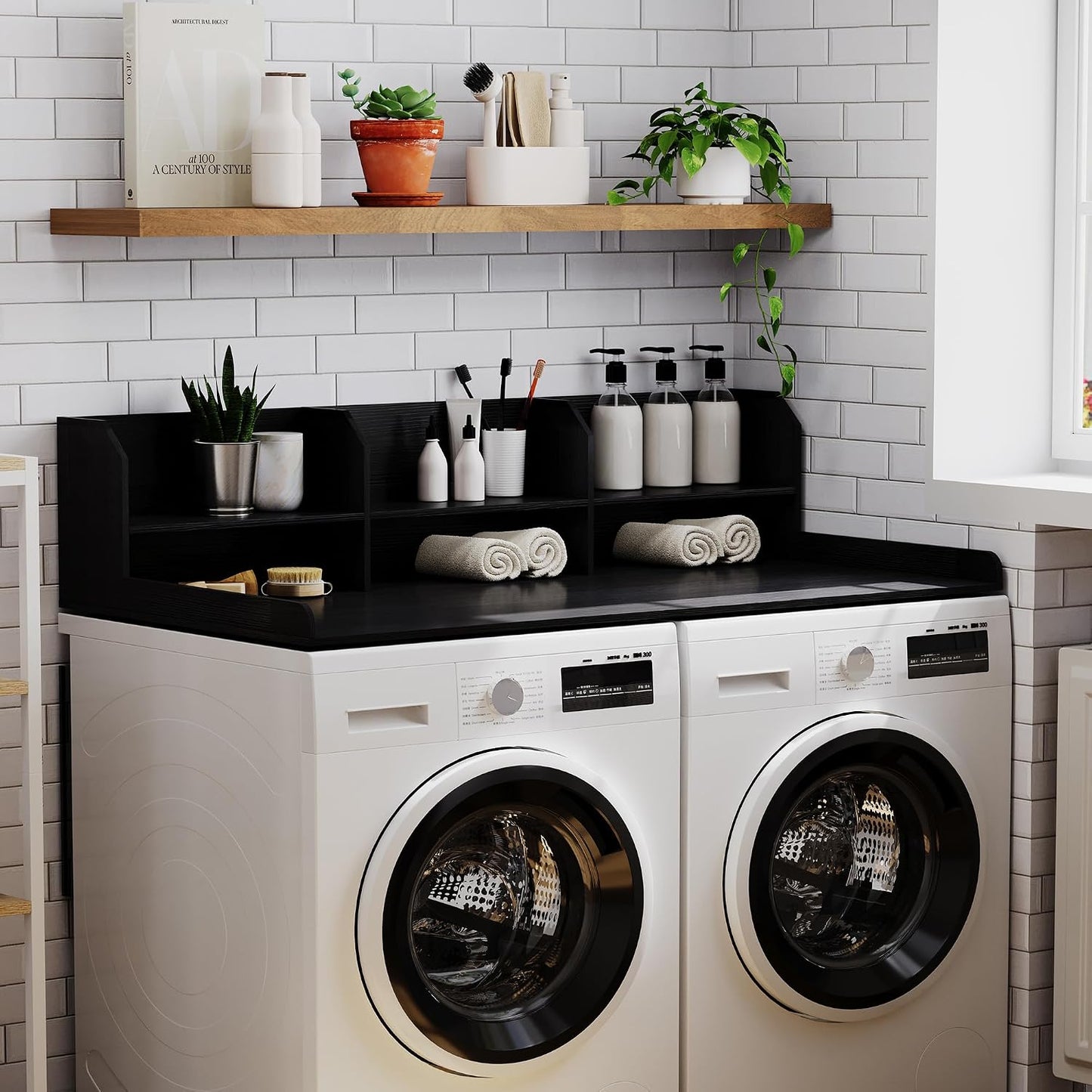 ChooChoo Washer Dryer Countertop, Adjustable Shelf, 2-Tier | Laundry Room Topper, Spacious Storage, For Folding Clothes & Efficient Organization, Walnut