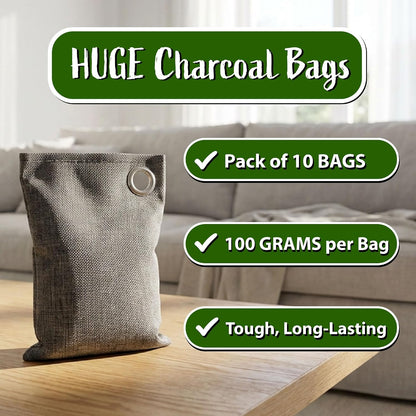 100g Bamboo Charcoal Bags (Pack of 10 Bags) - Activated Charcoal Odor Absorber - Reusable Bags for Homes, Cars, Closets, & Shoe Odor - Absorbs Odors & Moisture - Organic Sustainable Room Air Freshener