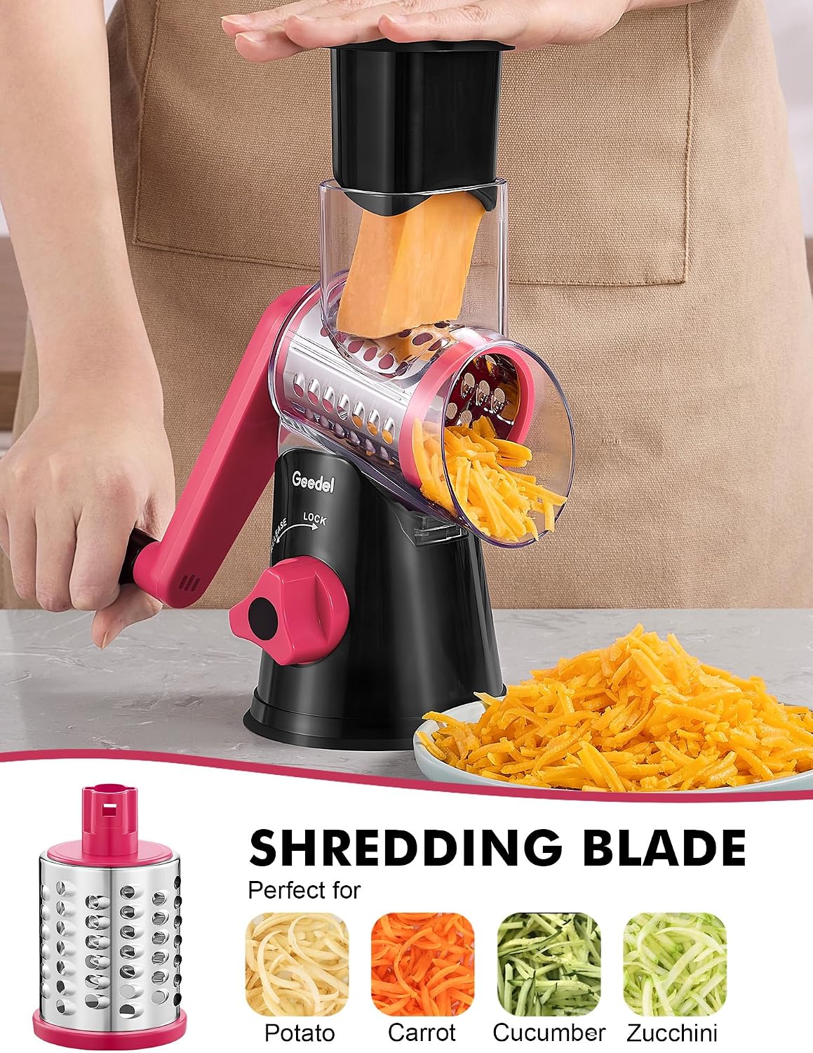 Geedel Rotary Cheese Grater, Kitchen Mandoline Vegetable Slicer with 3 Interchangeable Blades, Easy to Clean Rotary Grater Slicer for Fruit, Vegetables, Nuts | 3 Blades, 430 Stainless Steel, 12x Fast Cutting, Strong Suction Base, No BPA, Dishwasher Safe,