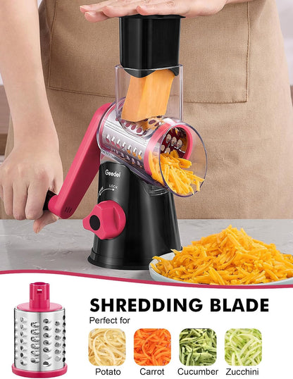 Geedel Rotary Cheese Grater, Kitchen Mandoline Vegetable Slicer with 3 Interchangeable Blades, Easy to Clean Rotary Grater Slicer for Fruit, Vegetables, Nuts | 3 Blades, 430 Stainless Steel, 12x Fast Cutting, Strong Suction Base, No BPA, Dishwasher Safe,