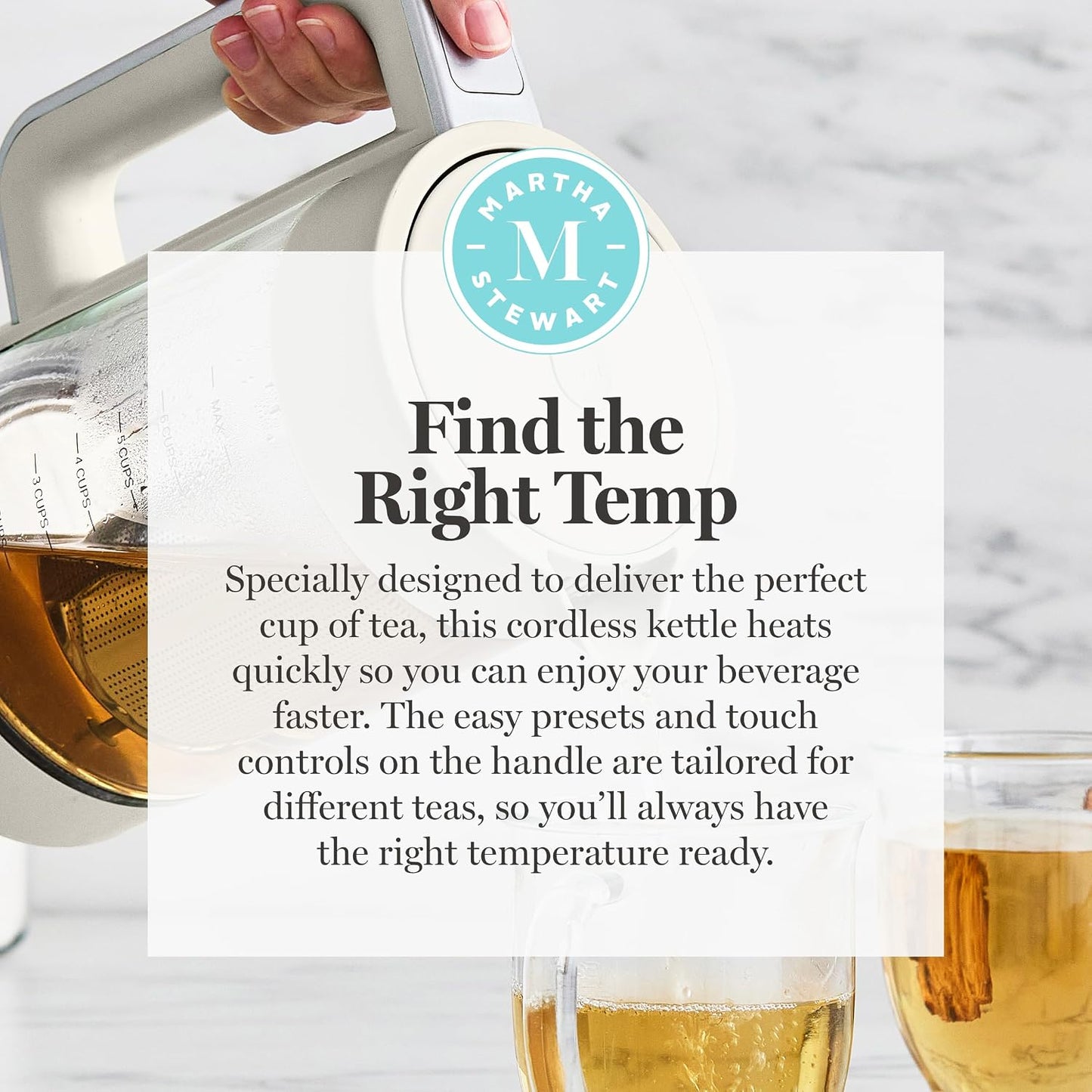 Martha Stewart 1.7L Glass Carafe Electric Kettle with Removable Tea Infuser | 7 Cups, 4 Presets, Rapid Boiling, Stainless Steel Tea Leaf Infuser, Cordless Swivel Base, Keep Warm, Auto Shut-Off, Linen