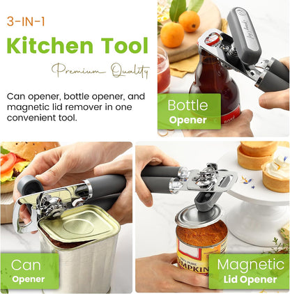 Spring Chef Stainless Steel Manual Can Opener with Soft Grip Handles, Black | Heavy Duty Hand Can Opener for Seniors with Smooth Edge, Easy Turn, 3in1 Can Opener with Magnetic Lid Remover & Bottle Opener
