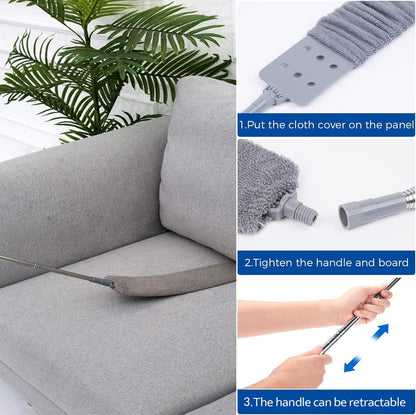 Retractable Gap Dust Cleaner with Extension Pole, Cleaning Tools with 2 Microfiber Dusting Cloths, Washable Extendable Long Handle Gap Dusters for Sofa Bed Furniture Bottom (2pcs Duster Cloths)
