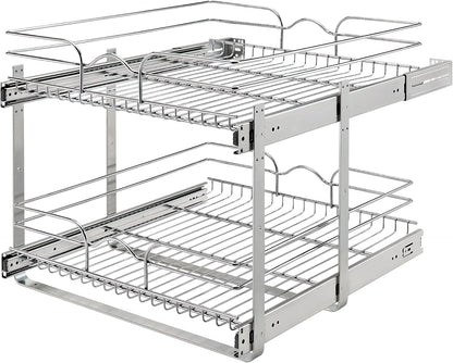 Rev-A-Shelf Pullout Organizer for Cabinets, Min Opening Width of 18" | STwo-Tier Steel Shelf for Kitchen or Vanity Cabinet Organization, Heavy Gauge Wire Slide Out Storage Basket, 5WB2-1822CR-1