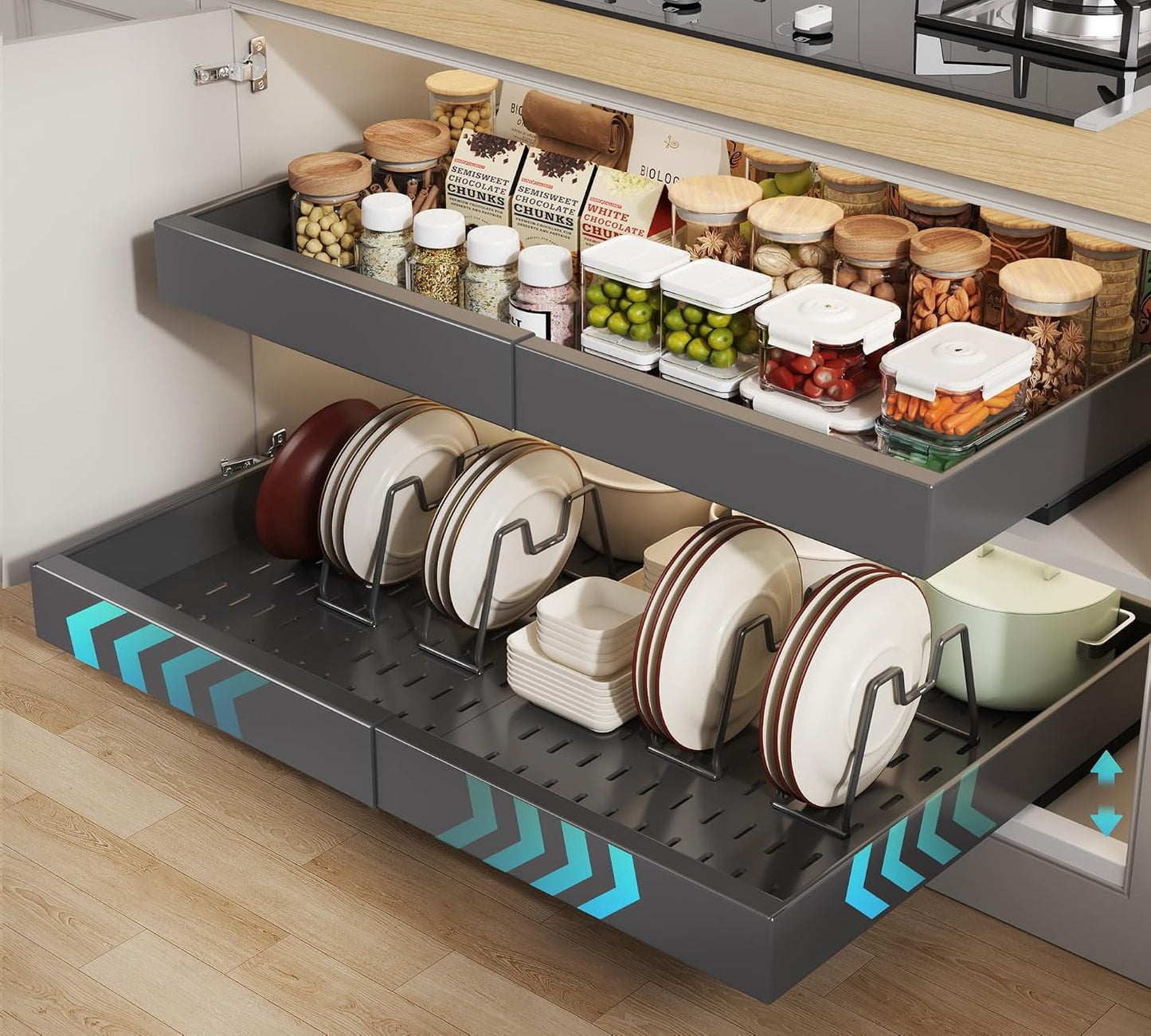 Seinloes 2Pack Pull out Cabinet Organizer 21"Deep with 4 Adjustable Dividers,Expandable（12.1"-20.4"W） Pots and Pans Organizer Under Cabinet with Raising Pad for Framed Cabinets,Slide out Drawers,White