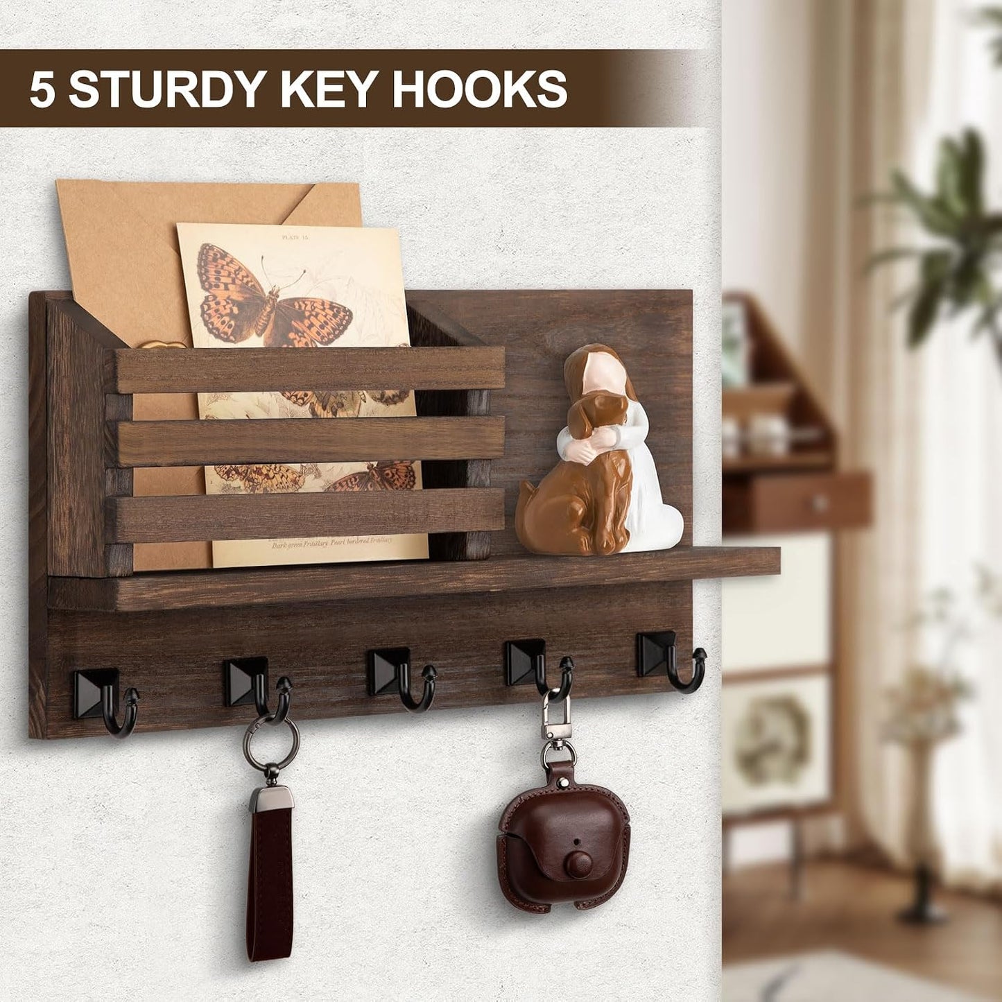 Key Holder Wall Mount, Mail Organizer for Wall with 5 Square Key Hooks | Key Holder for Wall, Key Holder with Shelf Farmhouse Home Decor for Home Entryway