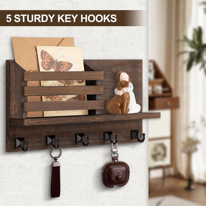 Key Holder Wall Mount, Mail Organizer for Wall with 5 Square Key Hooks | Key Holder for Wall, Key Holder with Shelf Farmhouse Home Decor for Home Entryway