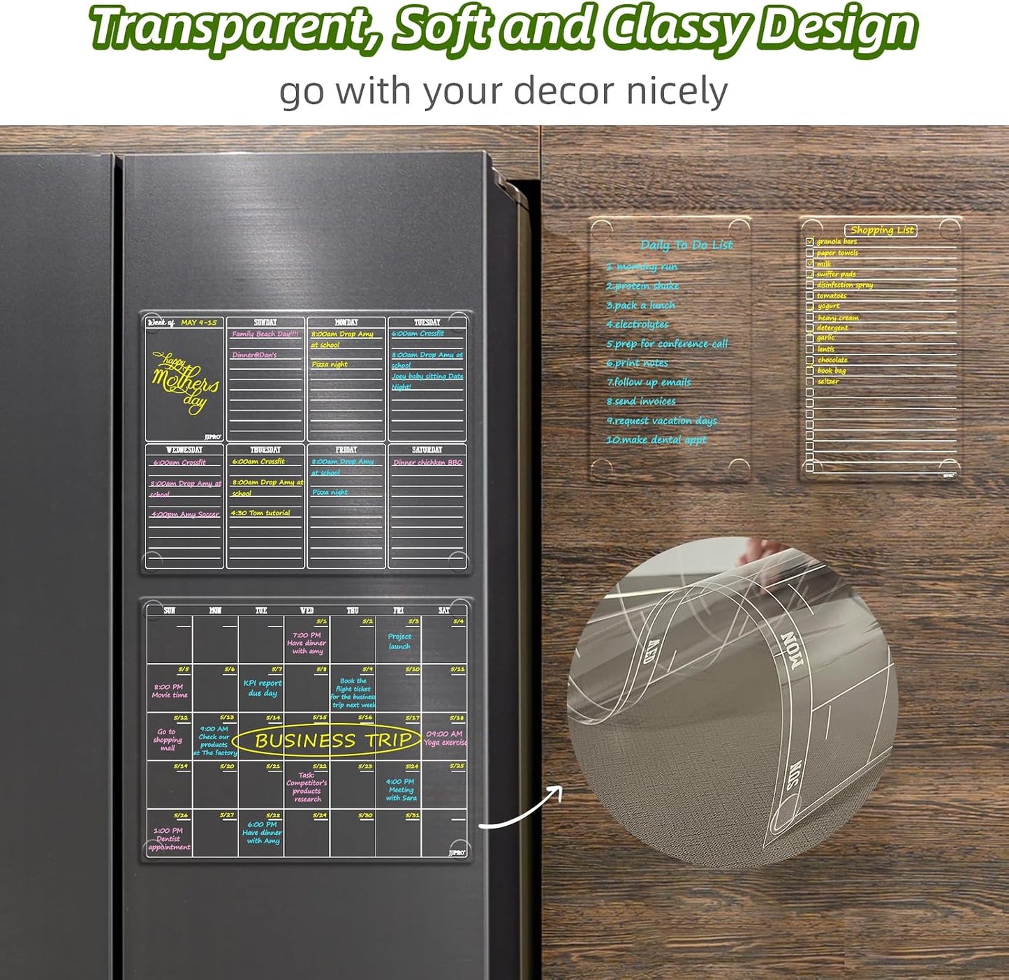 JJPRO Non-Magnetic Dry Erase Calendar for Fridge, Monthly Calendar, Weekly Planning Board Bundle for All Smooth Surfaces. Clear Reusable Calendar Stick to Fridge,Cabinet,Door&Glass