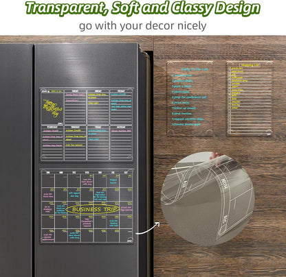 JJPRO Non-Magnetic Dry Erase Calendar for Fridge, Monthly Calendar, Weekly Planning Board Bundle for All Smooth Surfaces. Clear Reusable Calendar Stick to Fridge,Cabinet,Door&Glass