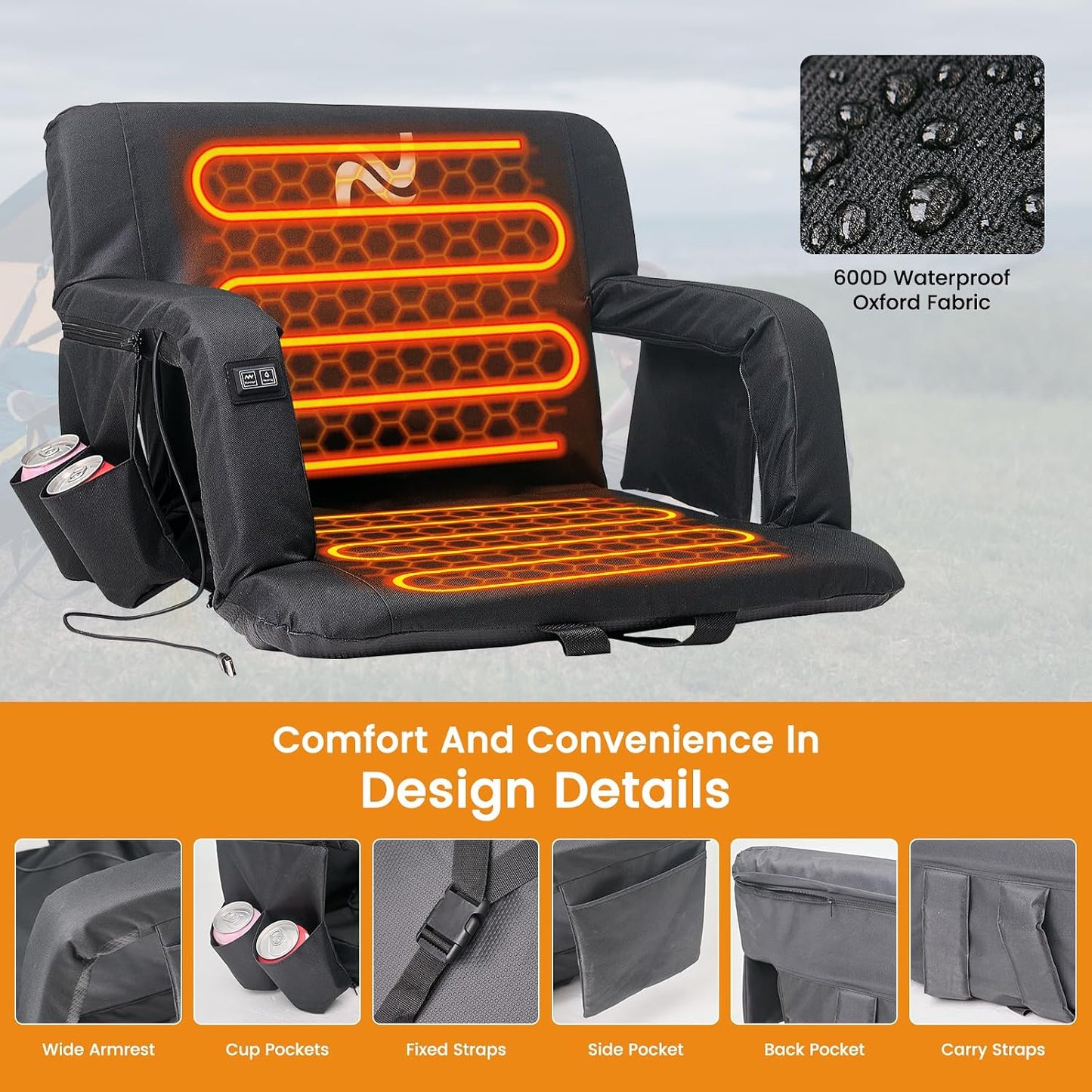25in 5.12" Extra Thick&Wide Heated Stadium Seat for Bleachers | Sofa Style Design Thick Bleacher Chair With Back and Comfy Cushion, 6 Reclining Positions, 3 Heat Levels (NO Battery)