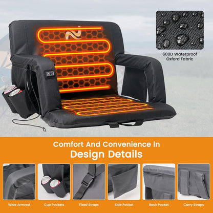 25in 5.12" Extra Thick&Wide Heated Stadium Seat for Bleachers | Sofa Style Design Thick Bleacher Chair With Back and Comfy Cushion, 6 Reclining Positions, 3 Heat Levels (NO Battery)