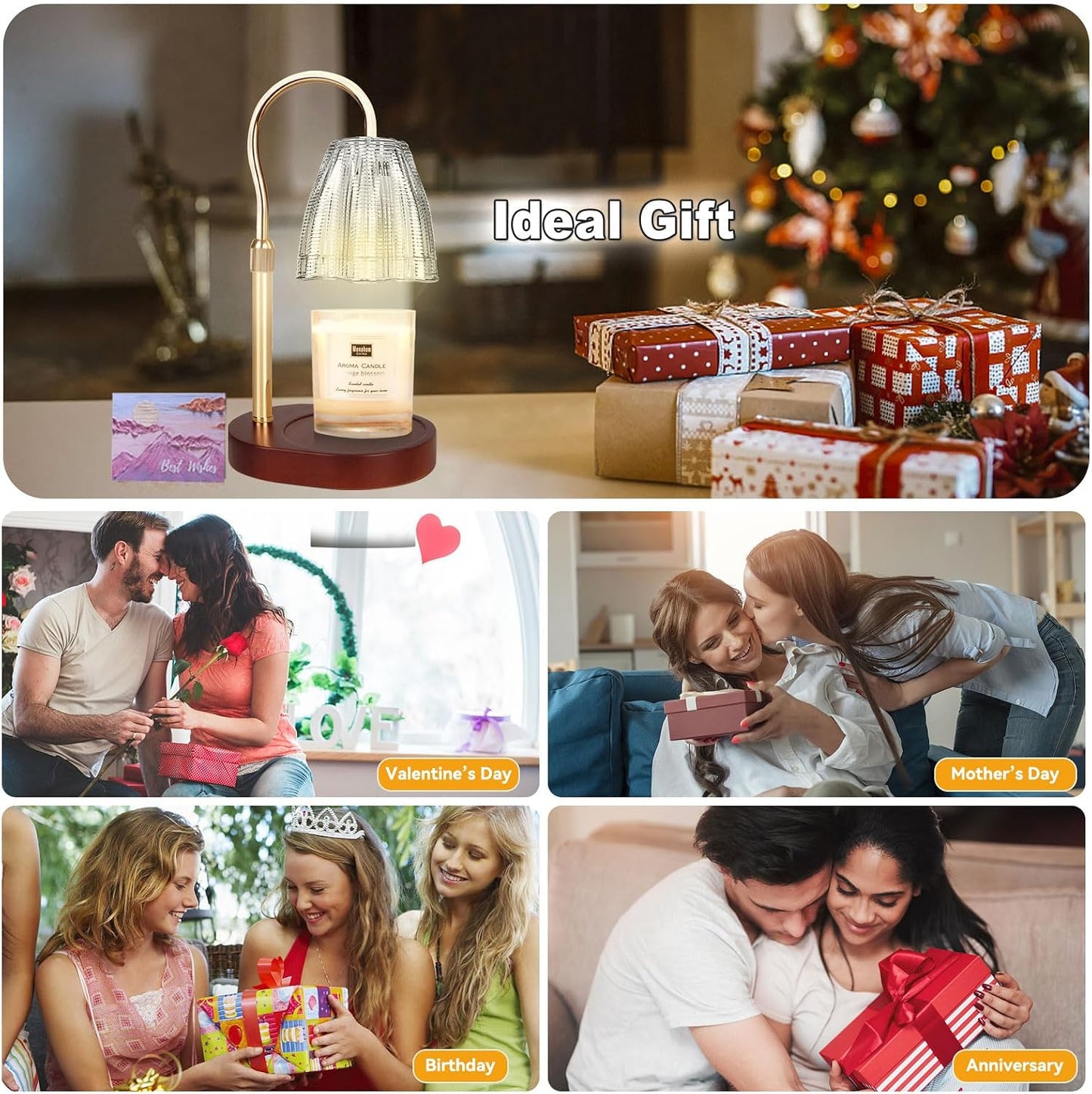 Candle Warmer Lamp with 3 Bulbs, Adjustable Height Dimmable Candle Warmer with Timer, Candle Lamp with Charming Gift Box Ribbon,Birthday Gifts for Women Mom, House Warming Gifts New Home Decor