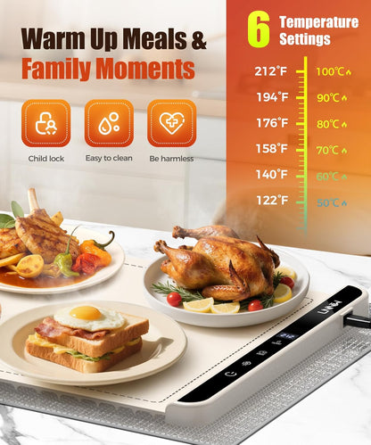 Food Warming Mat with Heat-Resistant Pad, 26X15 Inch, 6 Temperature & 6 Timer Settings, Child Lock Safety,Food Warmer Chafing Dishes for Buffet,Gatherings,Parties,Everyday Use